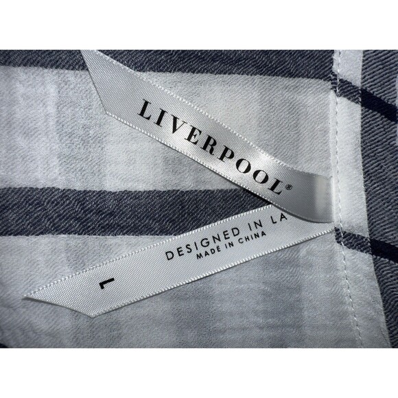 Liverpool Blue White Plaid Split Neck Long Sleeve Lightweight Blouse Size L - Picture 7 of 16